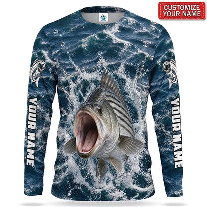 Striped Bass Splash Personalized UPF Sun Protection Fishing Long Sleeve Shirt