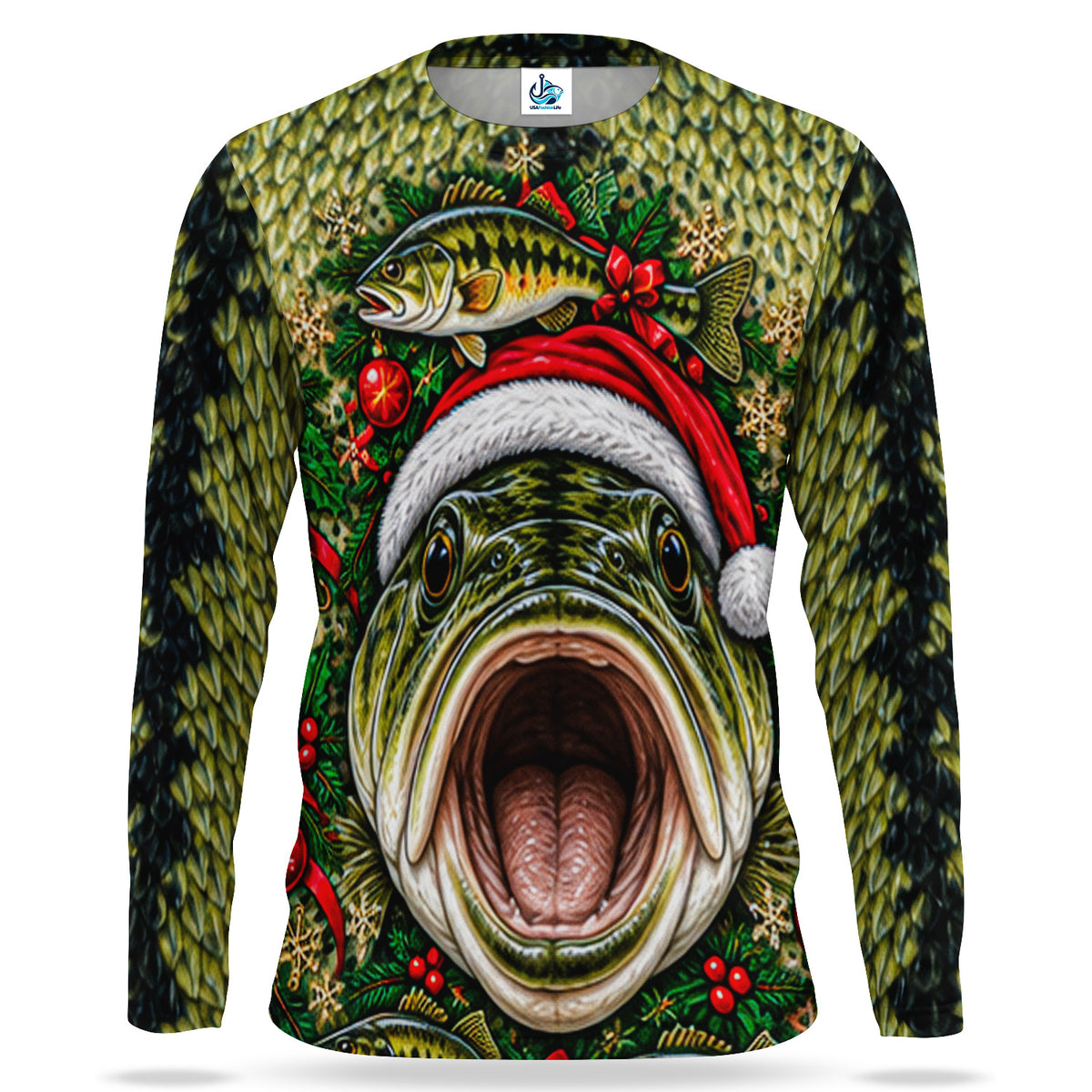 Christmas Bass Face With Santa Hat UPF Sun Protection Fishing Long Sleeve Shirt