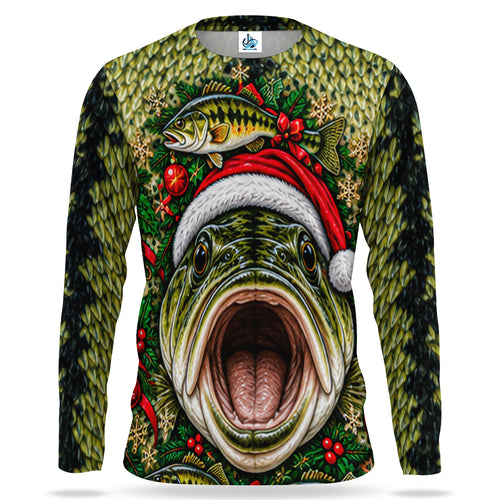 Christmas Bass Face With Santa Hat UPF Sun Protection Fishing Long Sleeve Shirt