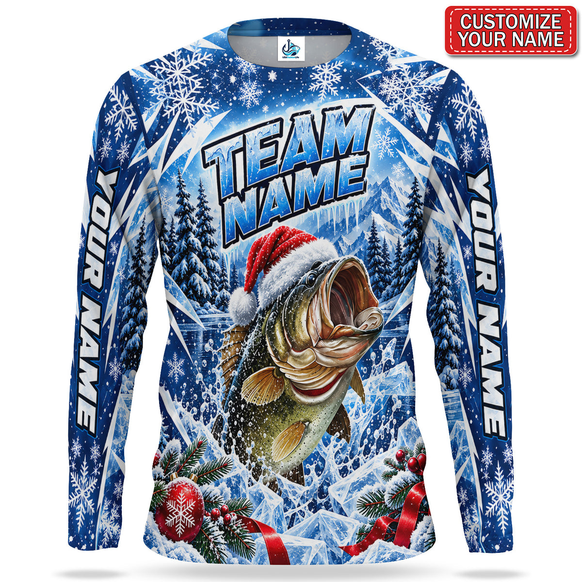 Santa Hat Bass Personalized UPF Sun Protection Fishing Long Sleeve Shirt