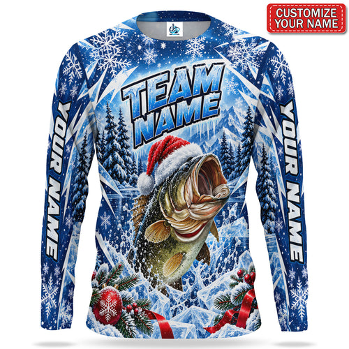 Santa Hat Bass Personalized UPF Sun Protection Fishing Long Sleeve Shirt