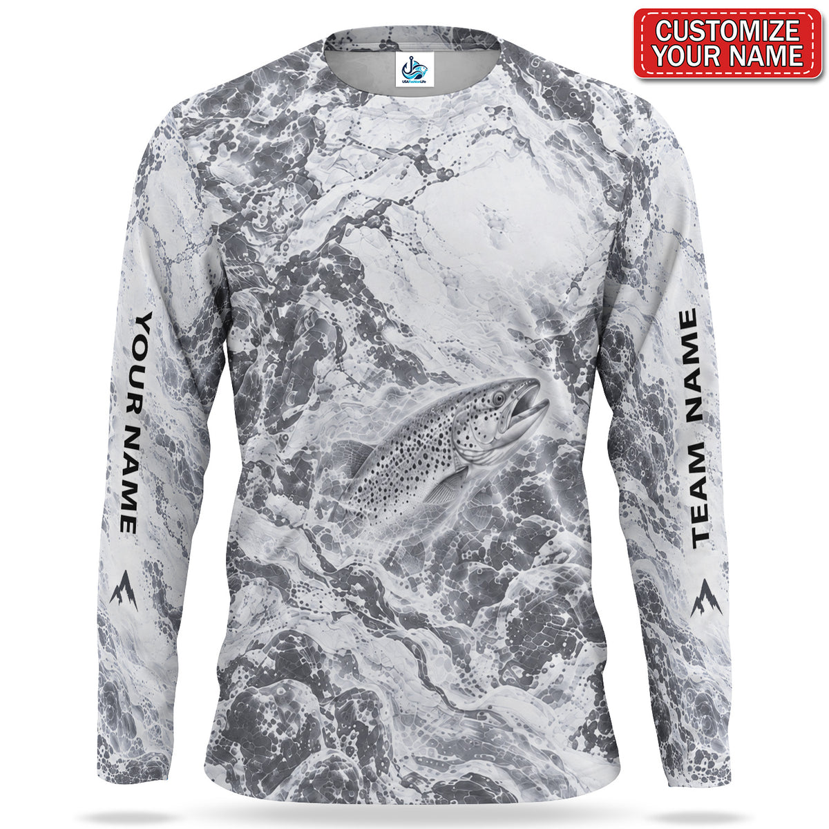 Personalized Monochrome Trout Splash UPF Sun Protection Fishing Long Sleeve Shirt