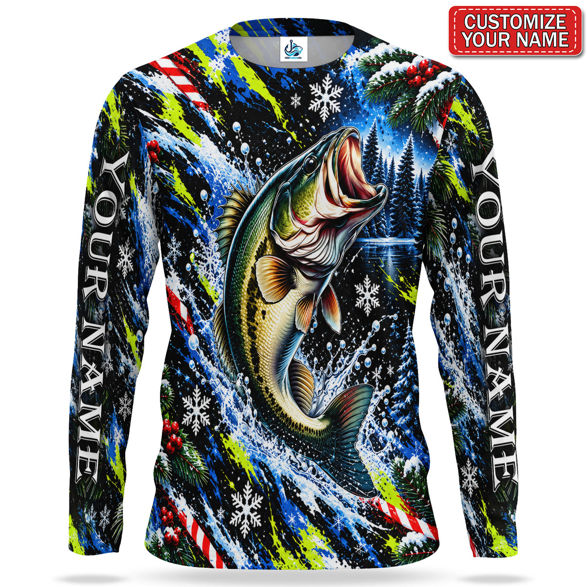 Personalized Christmas Bass Splash UPF Sun Protection Fishing Long Sleeve Shirt
