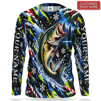 Personalized Christmas Bass Splash UPF Sun Protection Fishing Long Sleeve Shirt