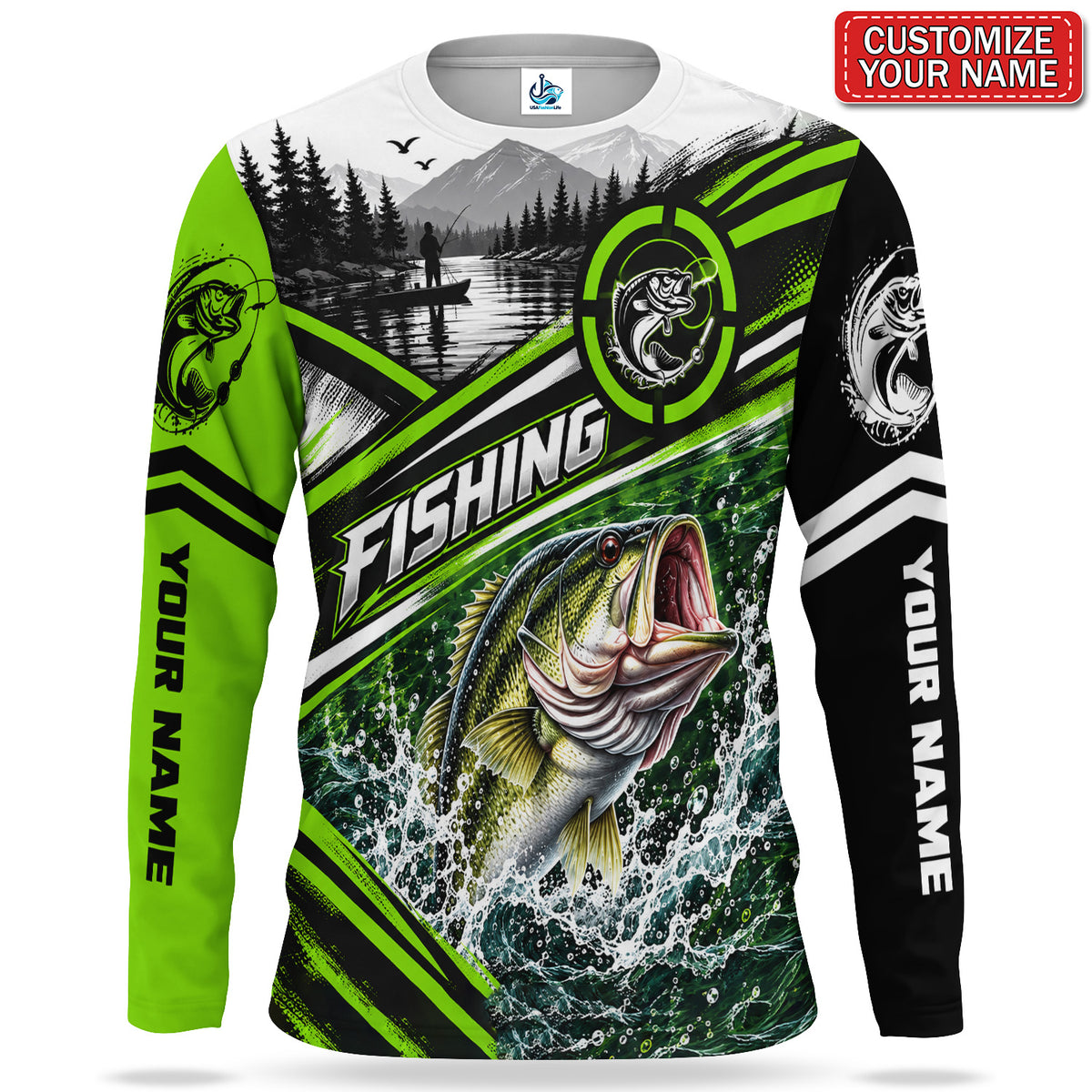 Bass and Mountain Lake Personalized UPF Sun Protection Fishing Long Sleeve Shirt