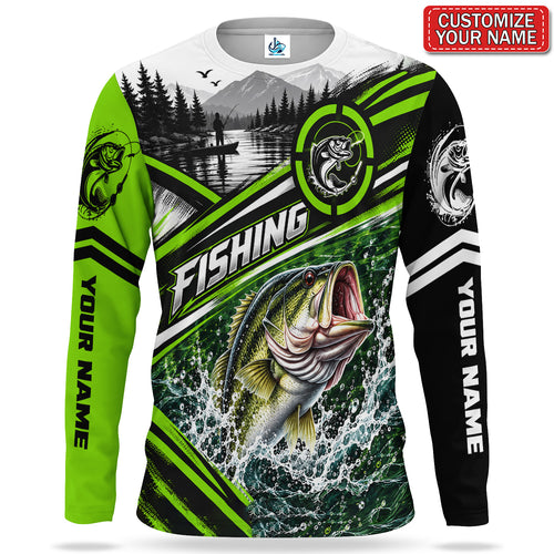 Bass and Mountain Lake Personalized UPF Sun Protection Fishing Long Sleeve Shirt