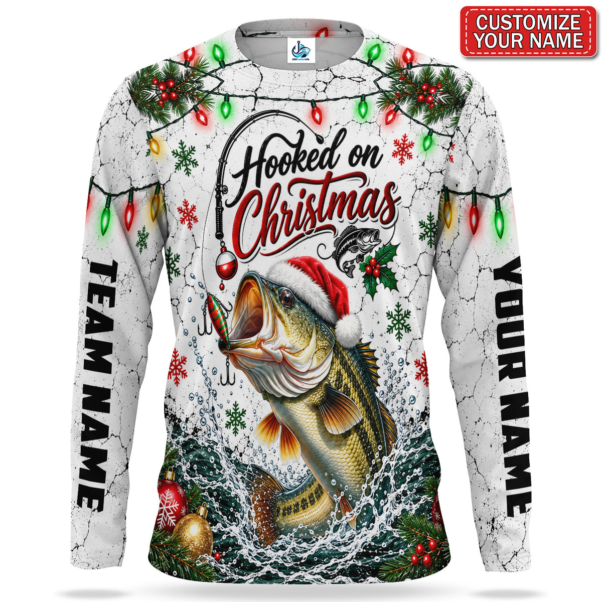 Hooked on Christmas Bass Personalized UPF Sun Protection Fishing Long Sleeve Shirt
