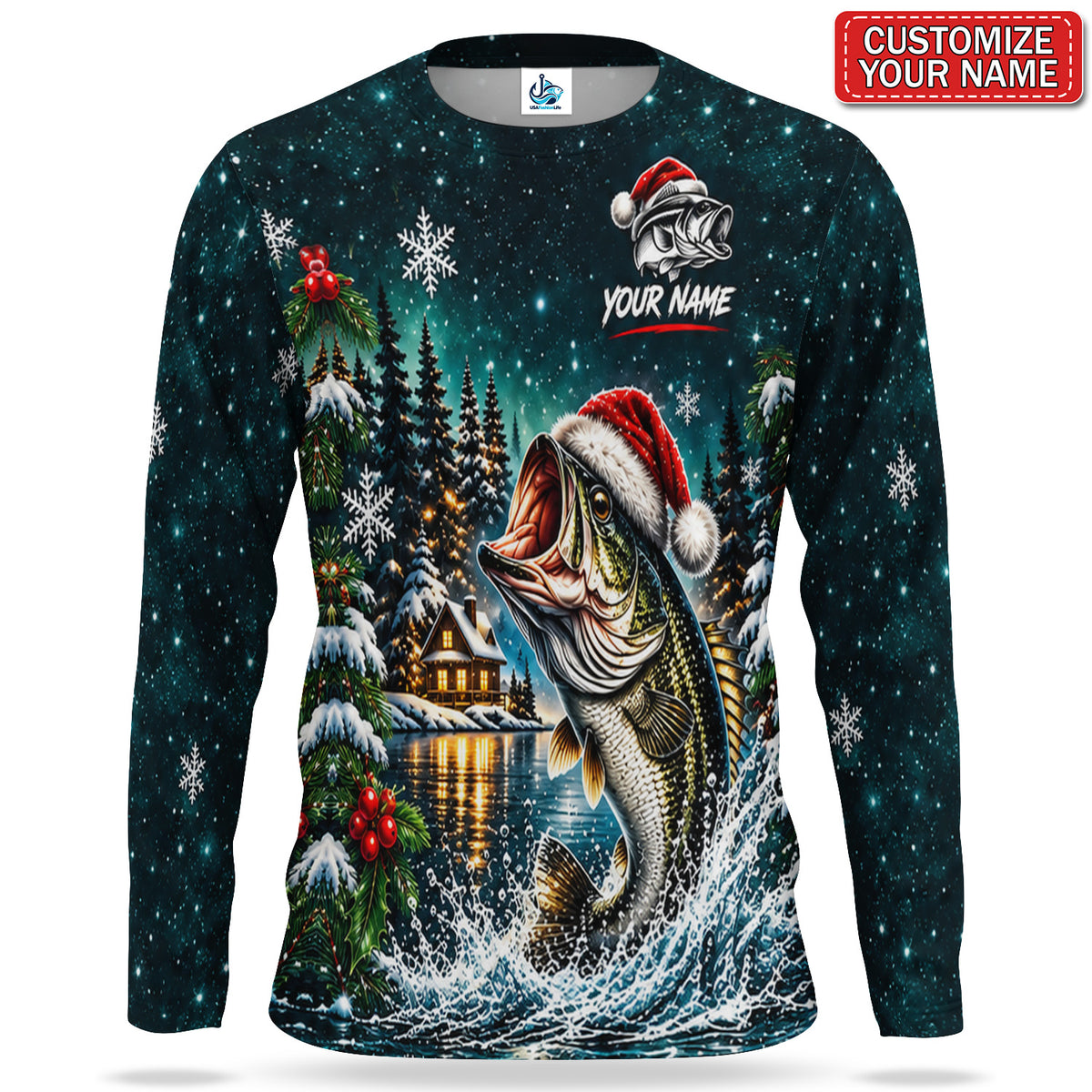 Personalized Santa Bass Winter Cabin UPF Sun Protection Fishing Long Sleeve Shirt