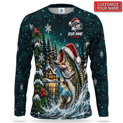 Personalized Santa Bass Winter Cabin UPF Sun Protection Fishing Long Sleeve Shirt
