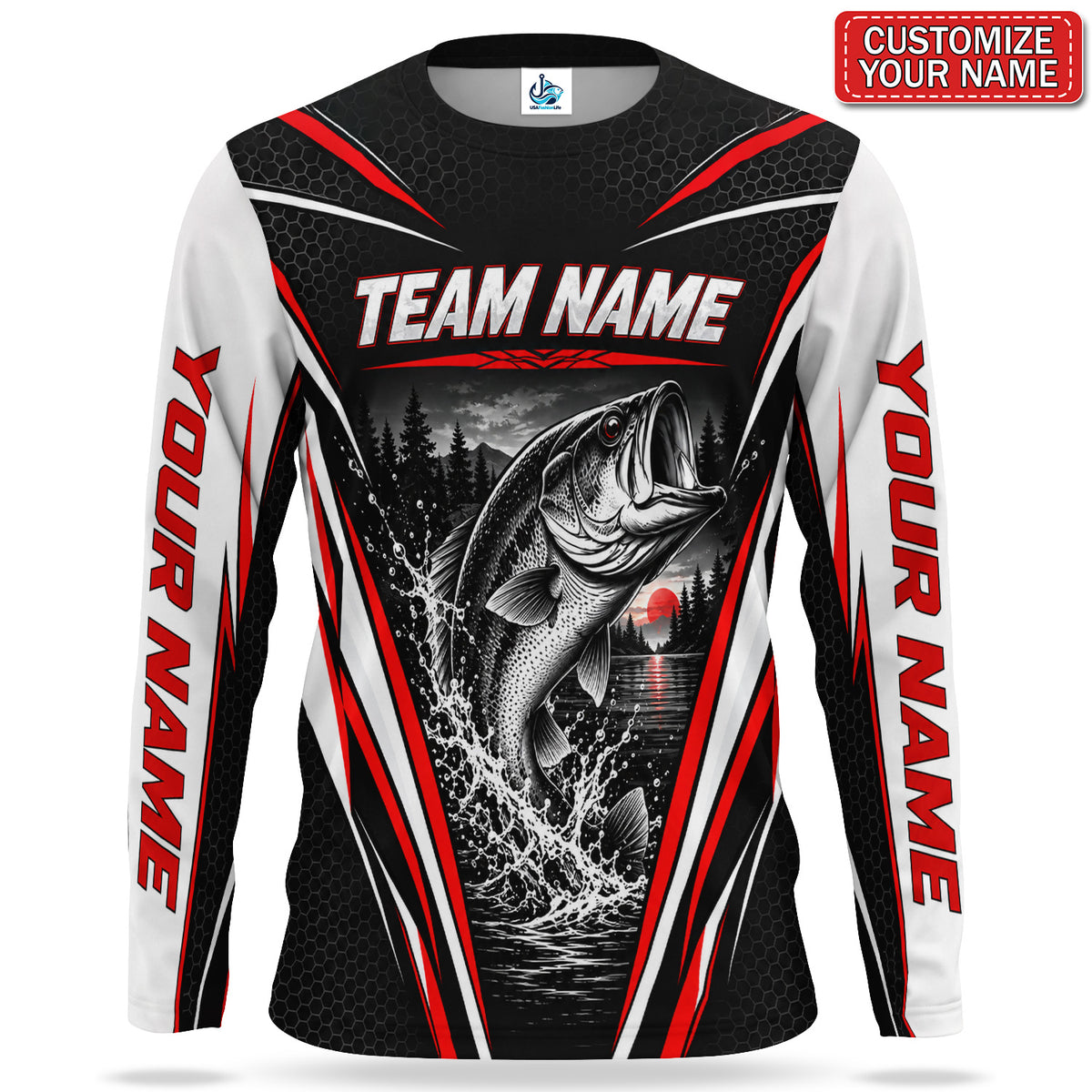 Bass Red Sunset Personalized Team UPF Sun Protection Fishing Long Sleeve Shirt
