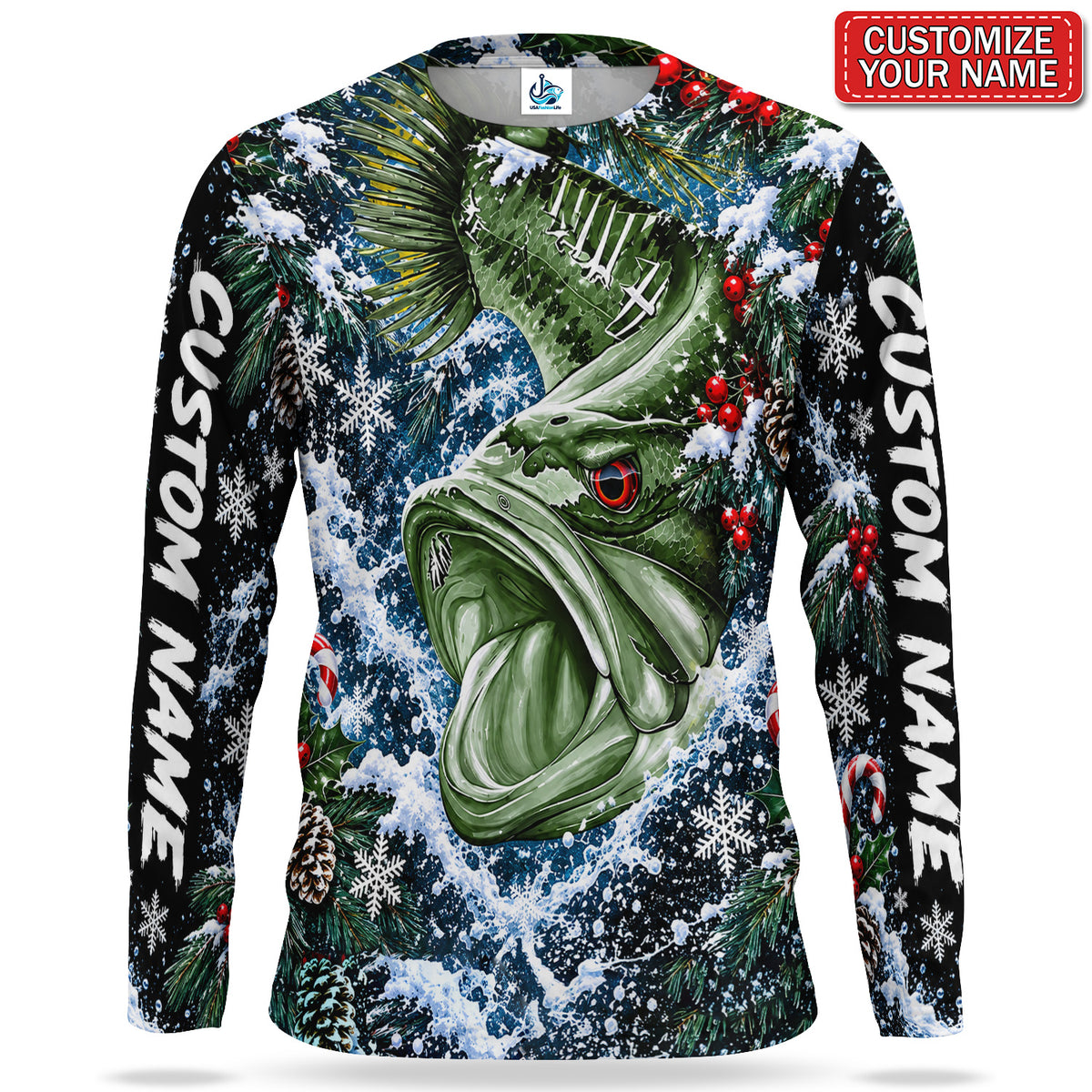 Personalized Christmas Bass and Pine UPF Sun Protection Fishing Long Sleeve Shirt