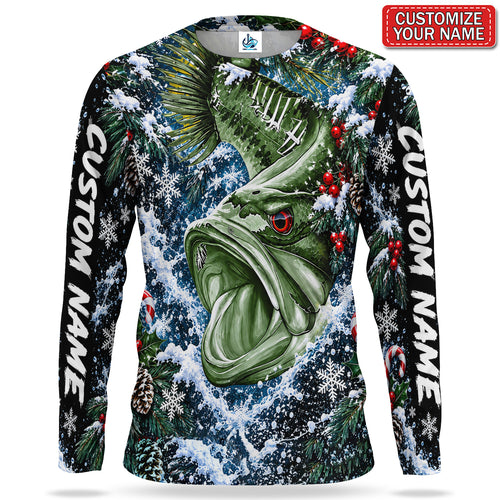 Personalized Christmas Bass and Pine UPF Sun Protection Fishing Long Sleeve Shirt