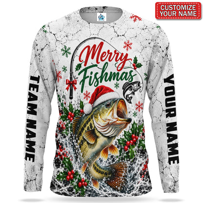 Merry Fishmas Santa Hat Bass Personalized UPF Sun Protection Fishing Long Sleeve Shirt