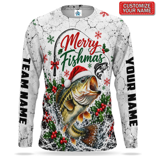 Merry Fishmas Santa Hat Bass Personalized UPF Sun Protection Fishing Long Sleeve Shirt