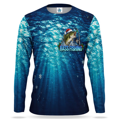 Santa Bass and Blue Underwater Scene UPF Sun Protection Fishing Long Sleeve Shirt