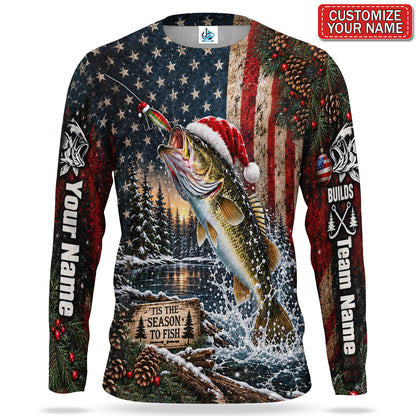 Santa Fish American Flag Personalized UPF Sun Protection Fishing Long Sleeve Shirt