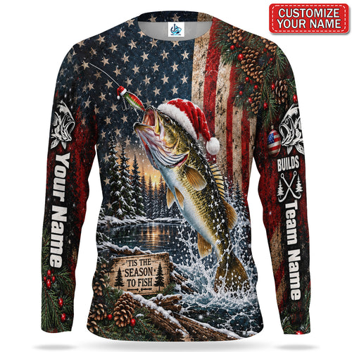 Santa Fish American Flag Personalized UPF Sun Protection Fishing Long Sleeve Shirt