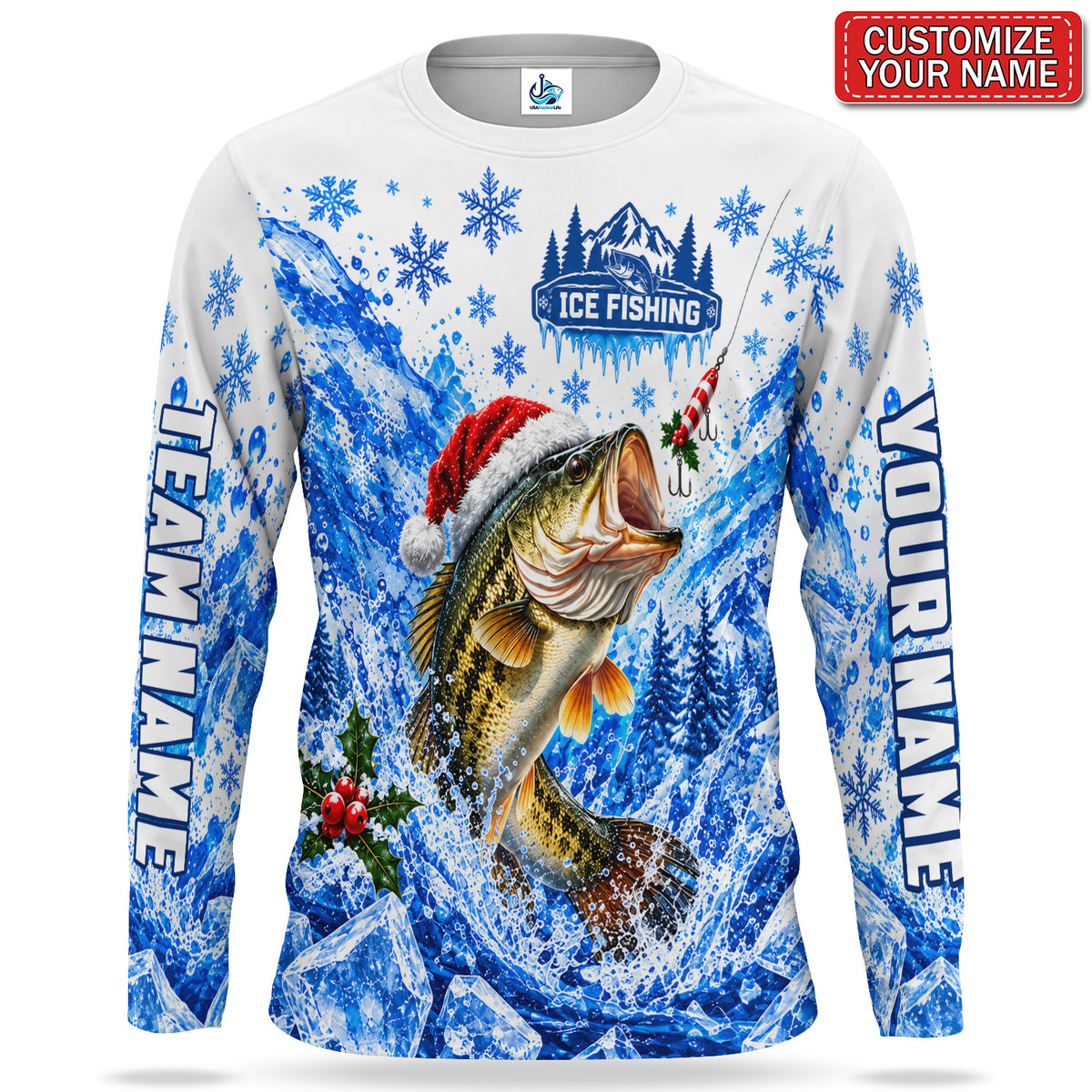 Santa Bass Ice Splash Personalized UPF Sun Protection Fishing Long Sleeve Shirt