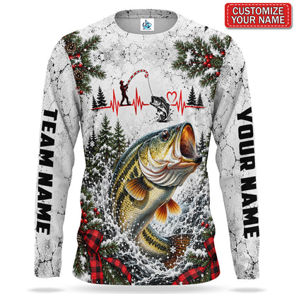Christmas Bass and Fishing Heartbeat Personalized UPF Sun Protection Fishing Long Sleeve Shirt