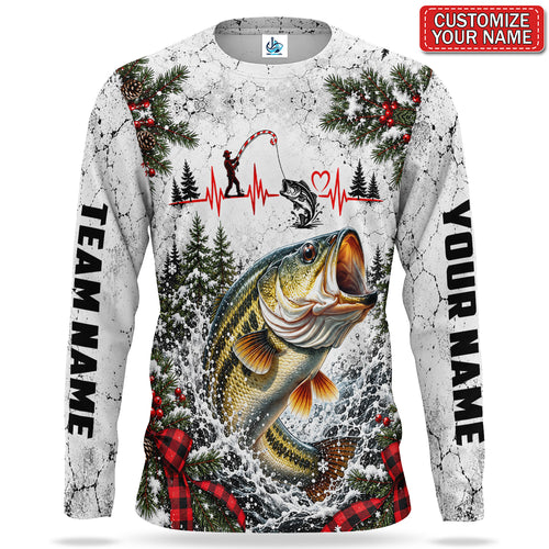 Christmas Bass and Fishing Heartbeat Personalized UPF Sun Protection Fishing Long Sleeve Shirt