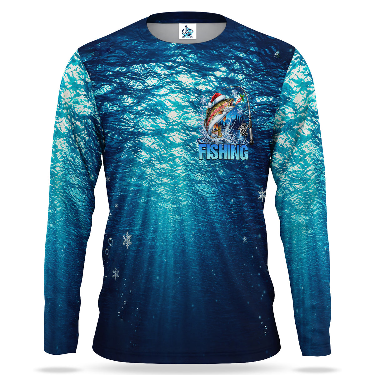 Christmas Trout and Blue Underwater Scene UPF Sun Protection Fishing Long Sleeve Shirt
