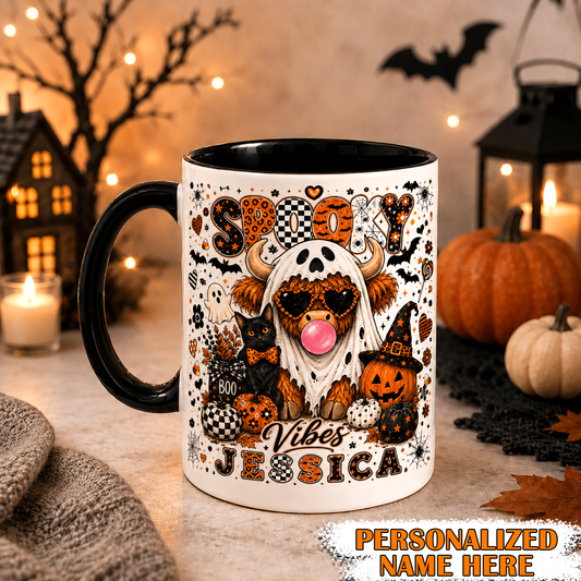 Personalized Highland Cow Black Cat Halloween Coffee Mug, Custom Name