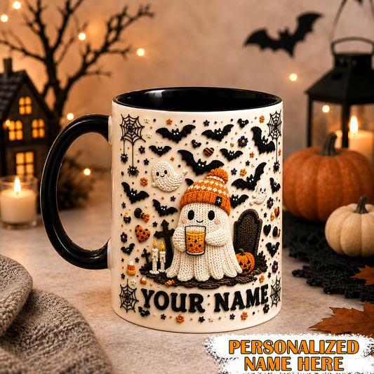 Personalized Halloween Ghost Mug, Custom Name Spooky Coffee Cup, Cute Fall Gift