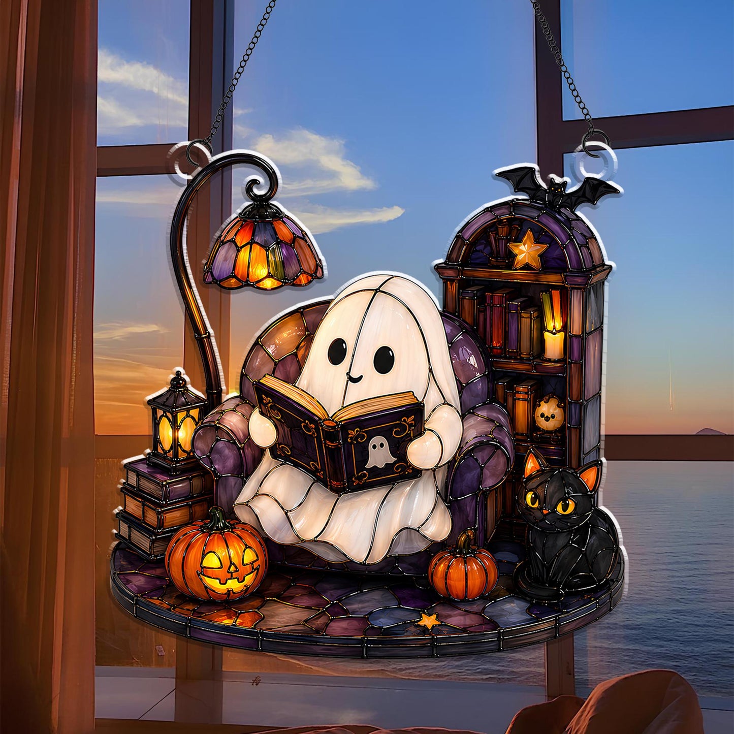 Cute Ghost Reading Book Acrylic Ornament