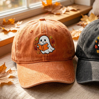 Ghost Reading Book Embroidered Washed Cotton Dad Cap, Spooky Literary Baseball Hat