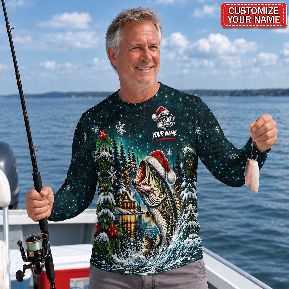 Personalized Santa Bass Winter Cabin UPF Sun Protection Fishing Long Sleeve Shirt