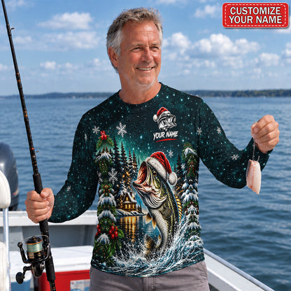 Personalized Santa Bass Winter Cabin UPF Sun Protection Fishing Long Sleeve Shirt
