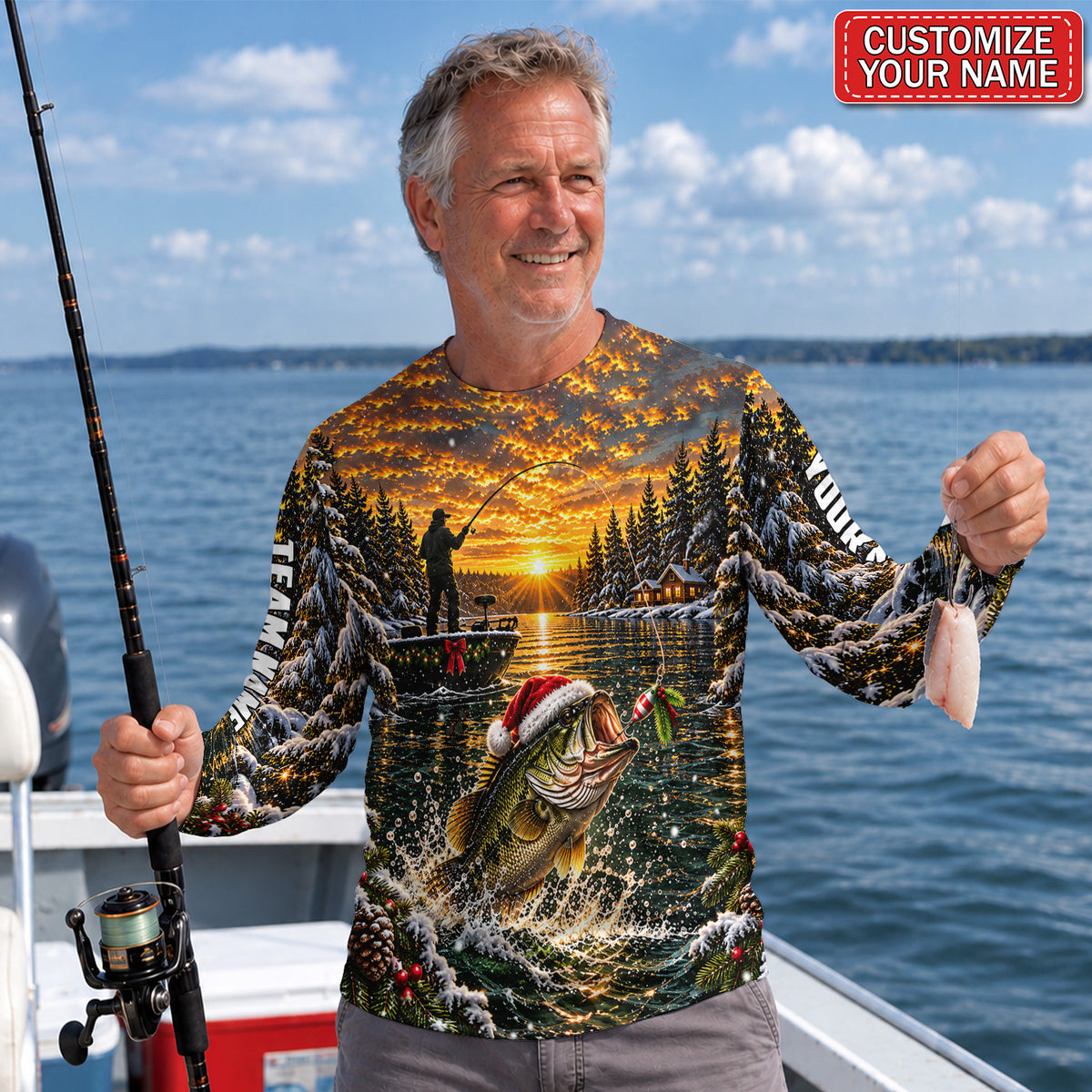 Christmas Bass Sunset Personalized UPF Sun Protection Fishing Long Sleeve Shirt