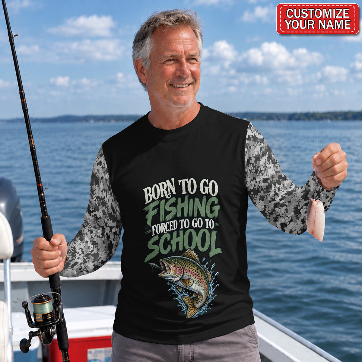 Personalized Born to Go Fishing Forced to Go to School UPF Sun Protection Fishing Long Sleeve Shirt
