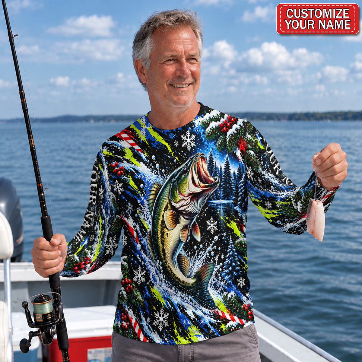 Personalized Christmas Bass Splash UPF Sun Protection Fishing Long Sleeve Shirt