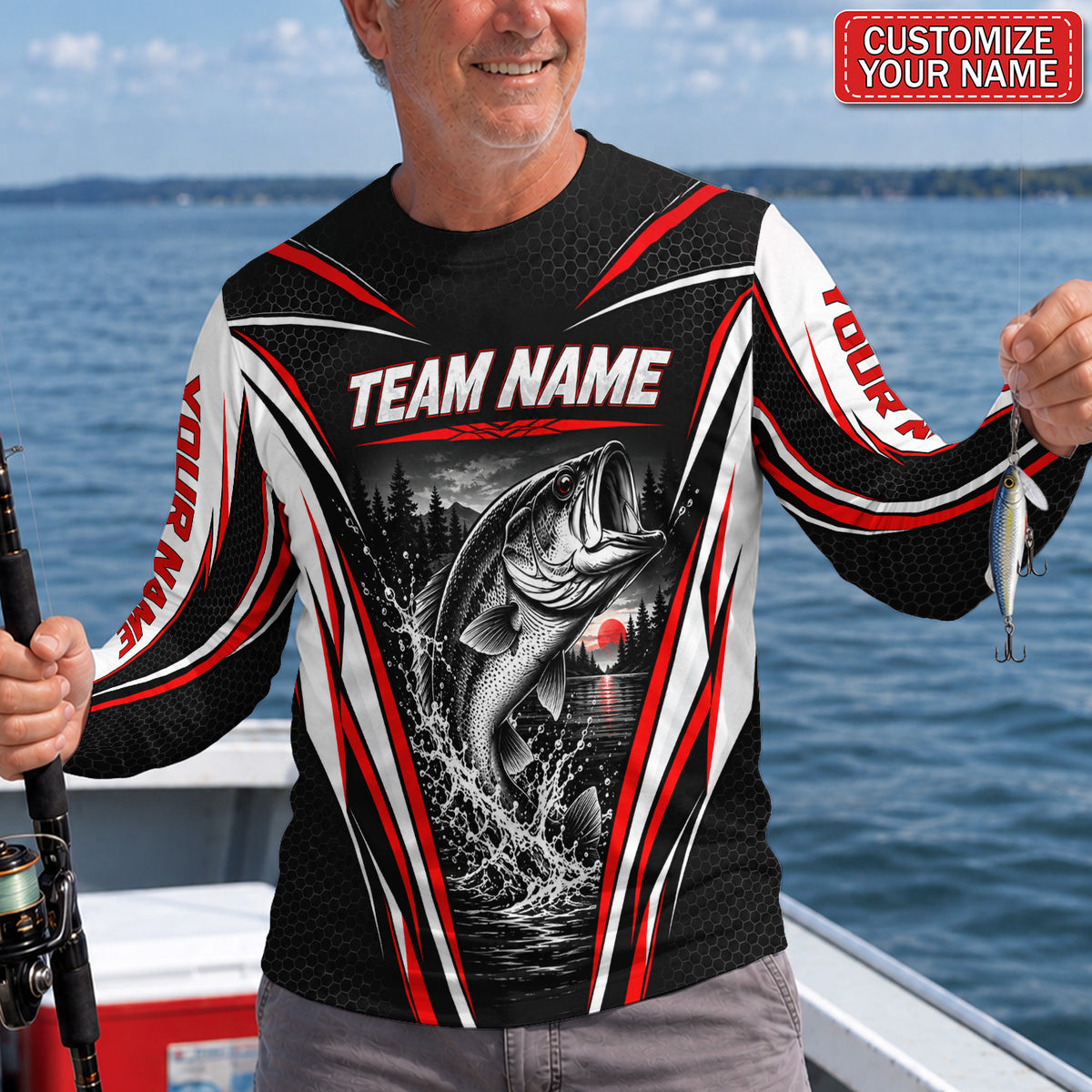 Bass Red Sunset Personalized Team UPF Sun Protection Fishing Long Sleeve Shirt