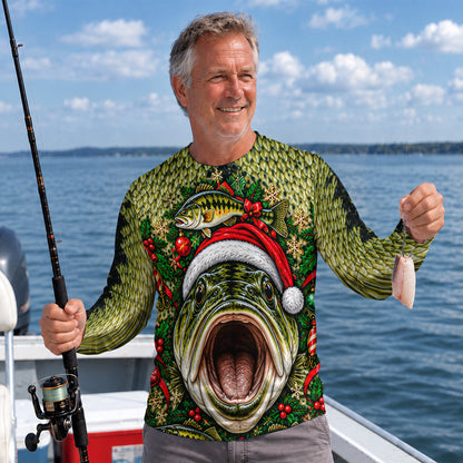 Christmas Bass Face With Santa Hat UPF Sun Protection Fishing Long Sleeve Shirt