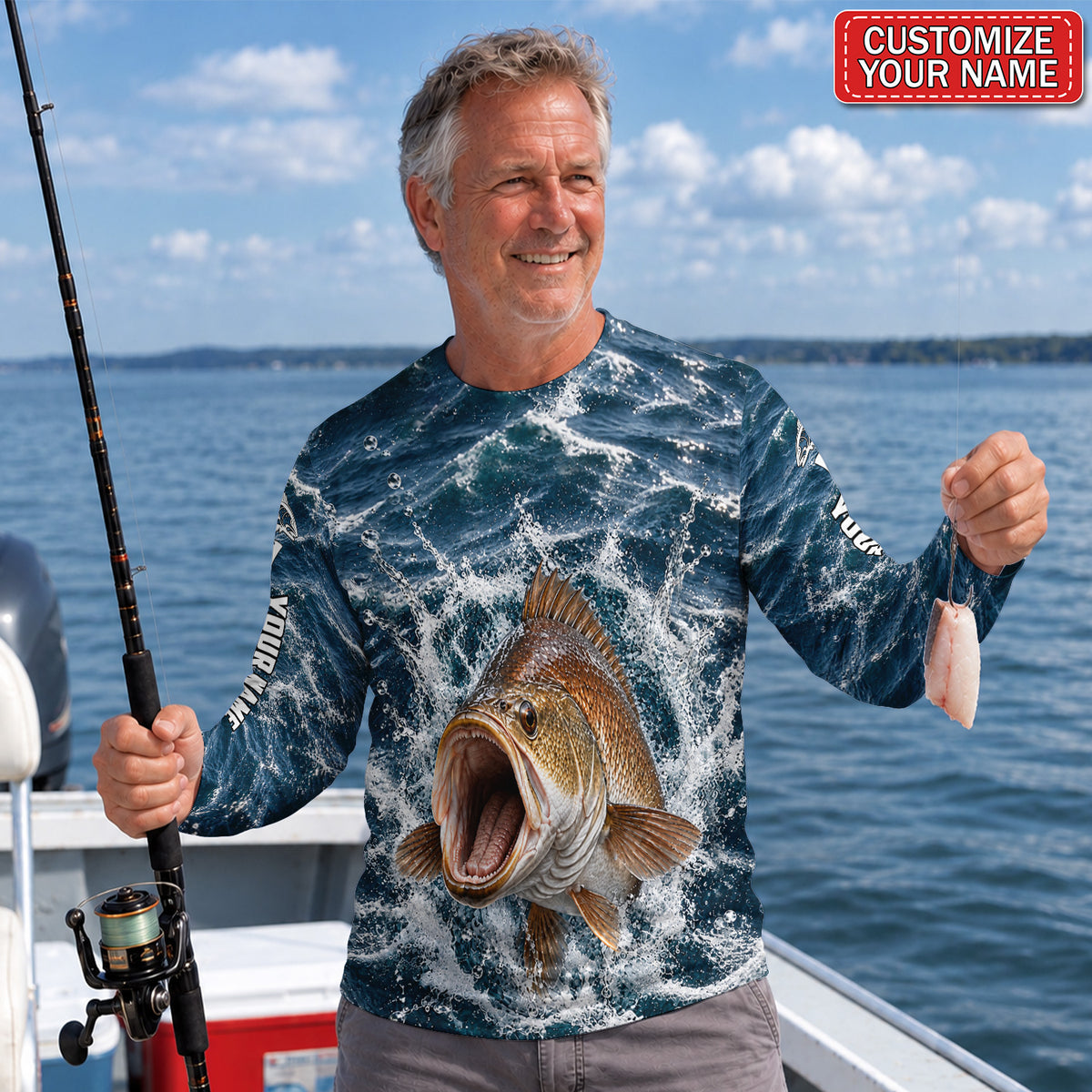 Ocean Splash Fish Personalized UPF Sun Protection Fishing Long Sleeve Shirt
