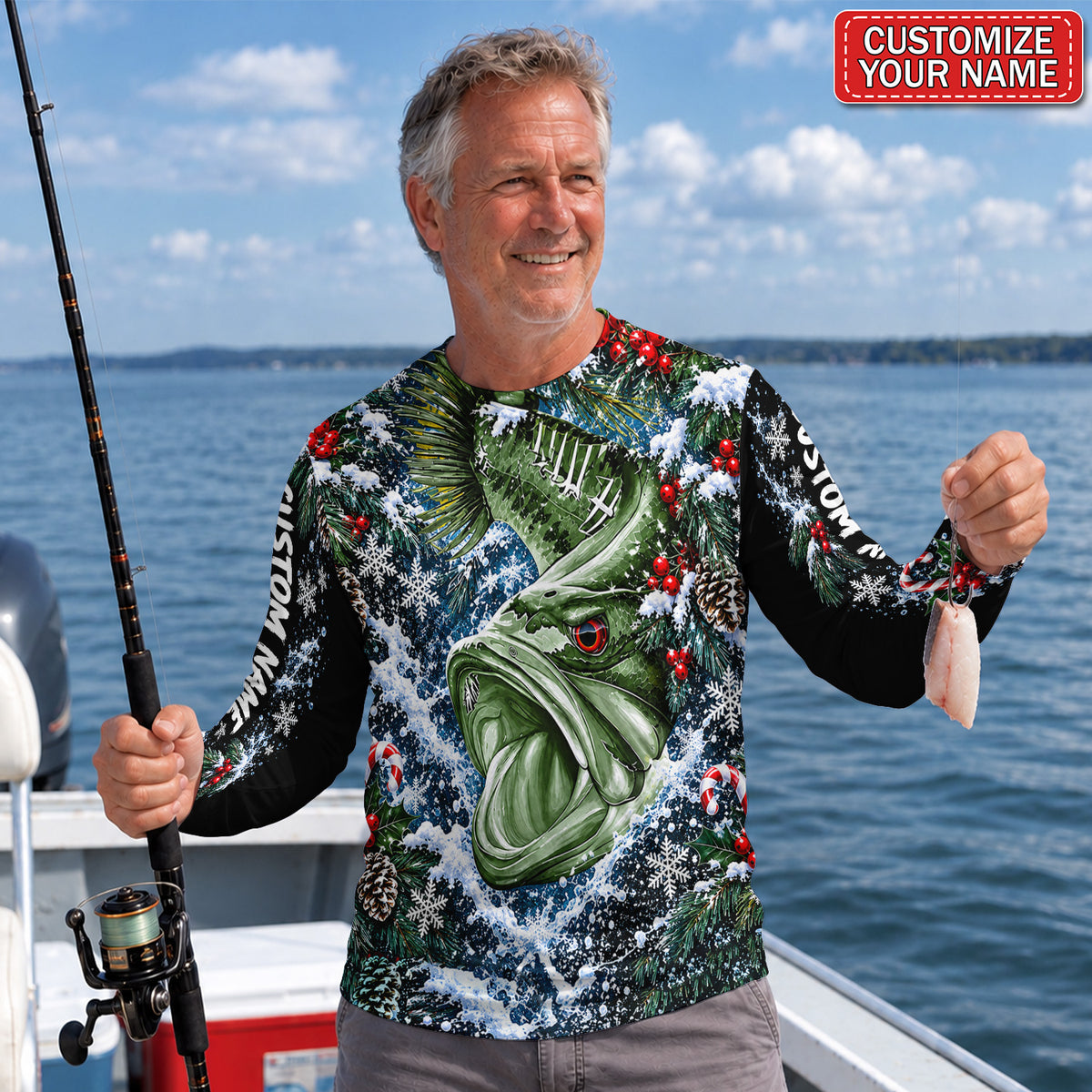 Personalized Christmas Bass and Pine UPF Sun Protection Fishing Long Sleeve Shirt
