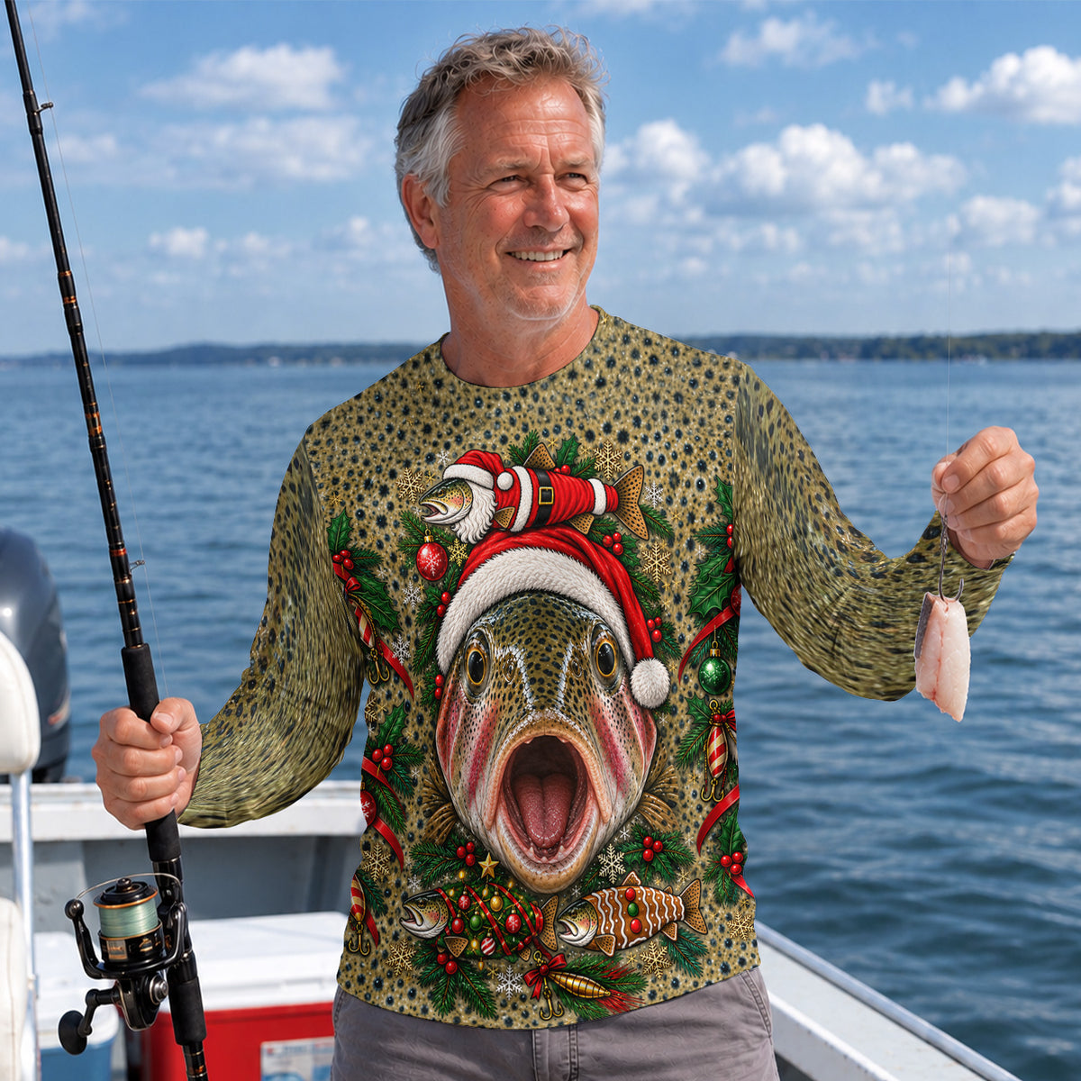 Christmas Rainbow Trout Santa Face UPF Sun Protection Fishing Long Sleeve Shirt