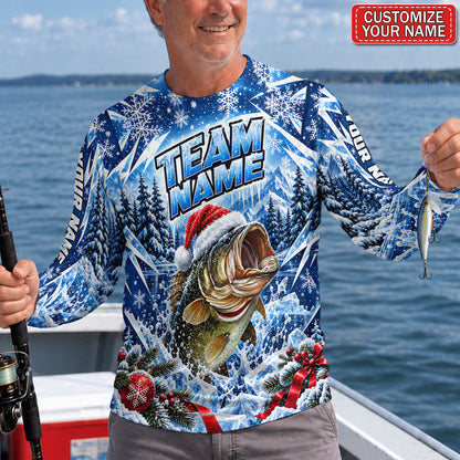 Santa Hat Bass Personalized UPF Sun Protection Fishing Long Sleeve Shirt
