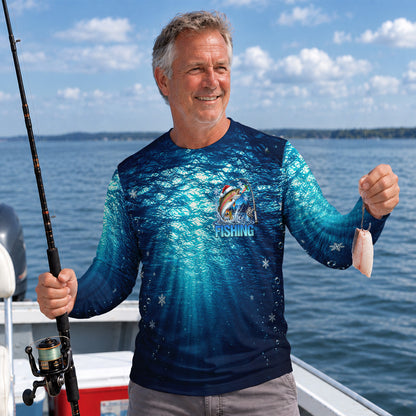 Christmas Trout and Blue Underwater Scene UPF Sun Protection Fishing Long Sleeve Shirt