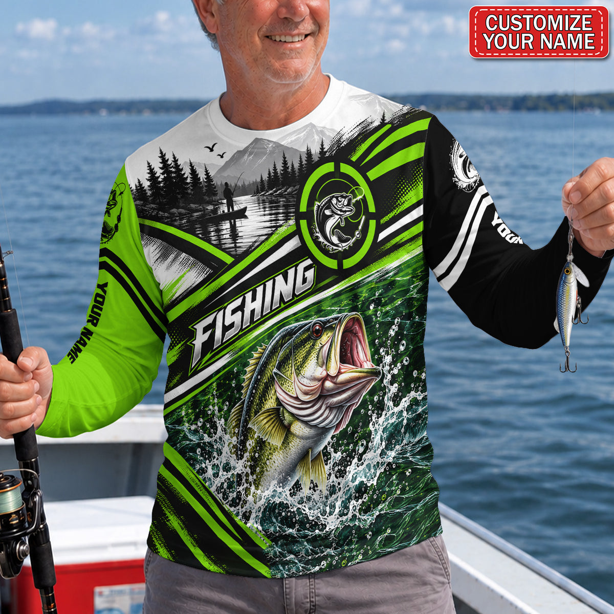 Bass and Mountain Lake Personalized UPF Sun Protection Fishing Long Sleeve Shirt