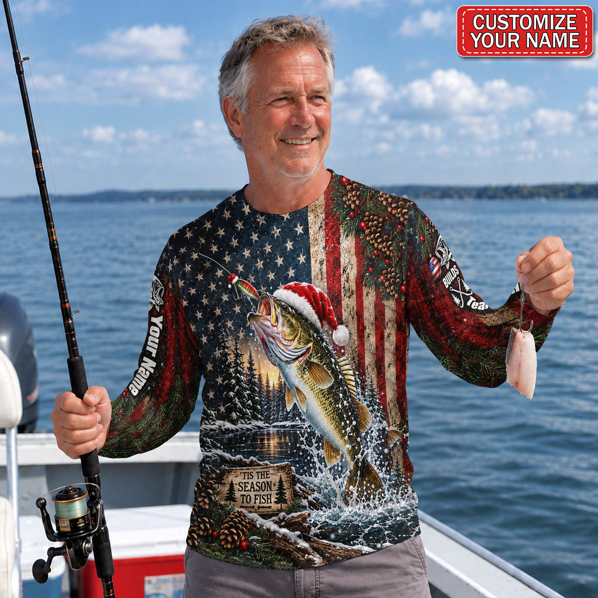 Santa Fish American Flag Personalized UPF Sun Protection Fishing Long Sleeve Shirt