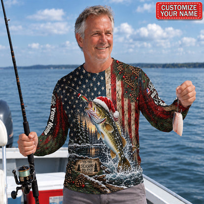 Santa Fish American Flag Personalized UPF Sun Protection Fishing Long Sleeve Shirt