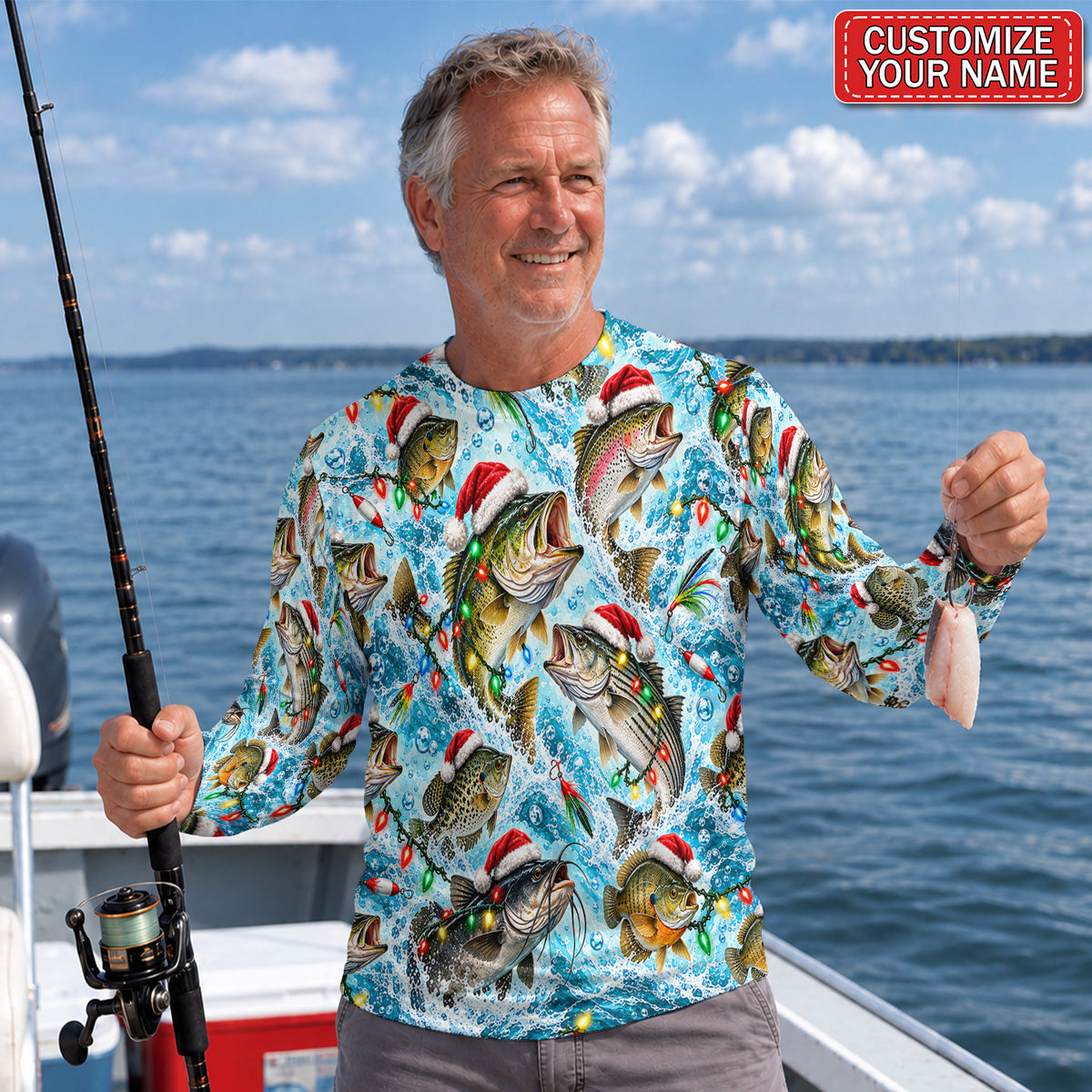 Personalized Christmas Fish and Lights UPF Sun Protection Fishing Long Sleeve Shirt