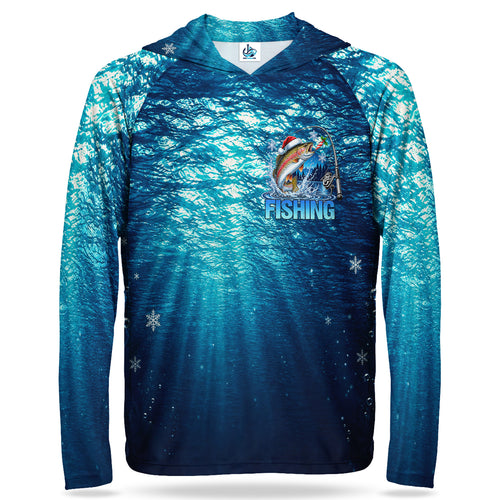 Santa Hat Rainbow Trout and Blue Underwater Scene UPF Sun Protection Fishing Hoodie