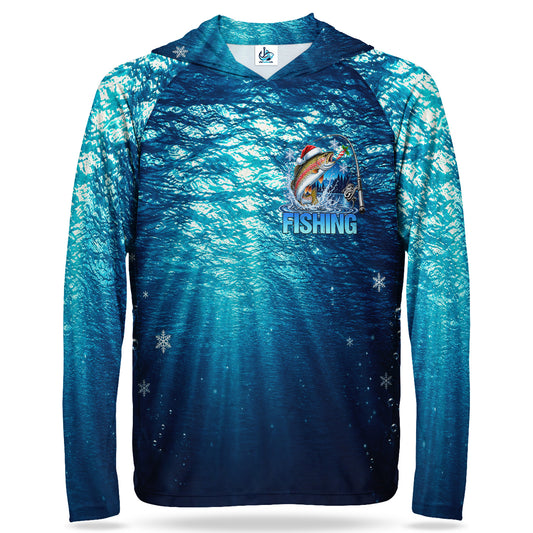 Santa Hat Rainbow Trout and Blue Underwater Scene UPF Sun Protection Fishing Hoodie