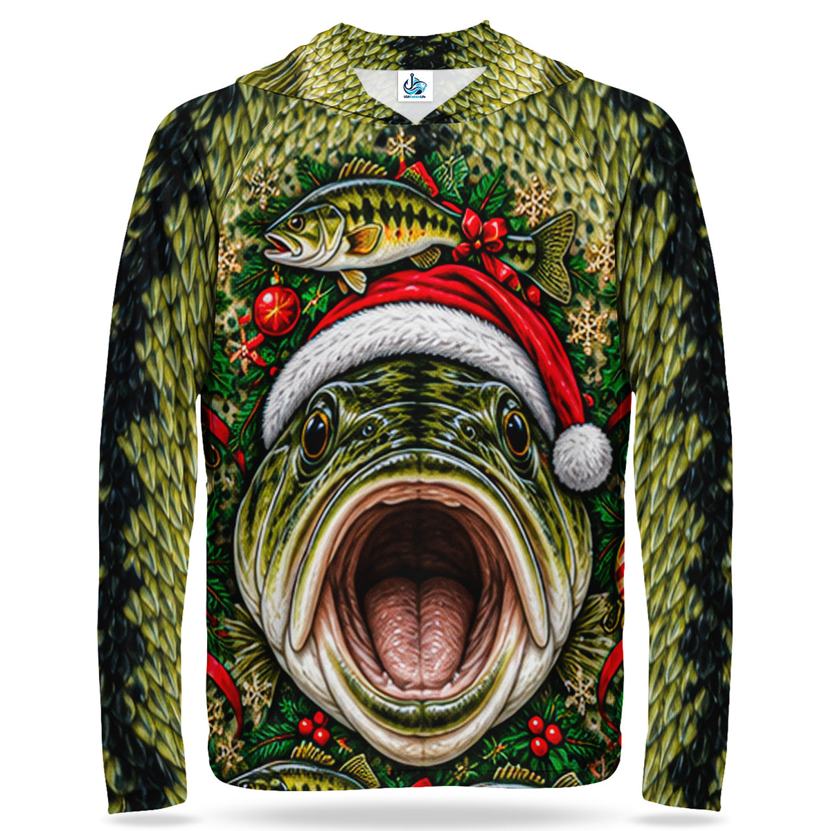 Christmas Bass Face With Santa Hat UPF Sun Protection Fishing Hoodie