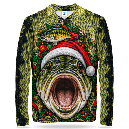 Christmas Bass Face With Santa Hat UPF Sun Protection Fishing Hoodie