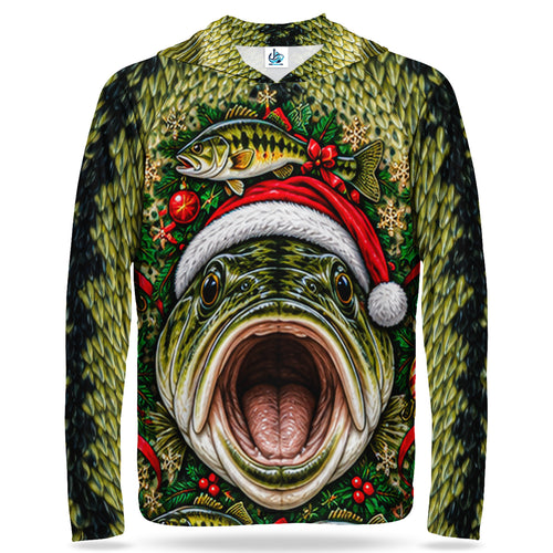 Christmas Bass Face With Santa Hat UPF Sun Protection Fishing Hoodie
